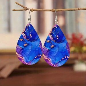 Gorgeous Blue Watercolor PU Leather Earrings NWT